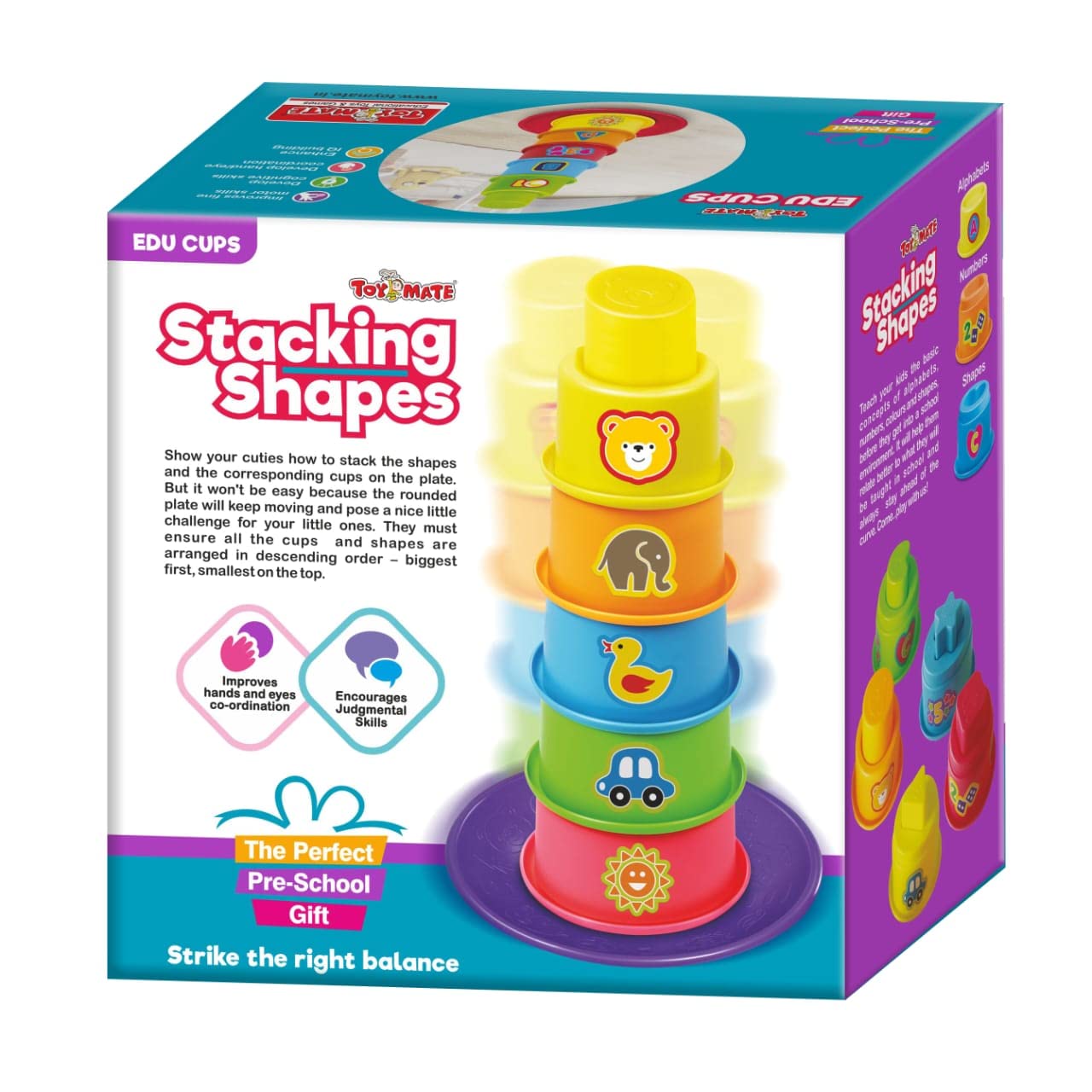 Toymate Stacking Shapes, 5 Colourful Cups & Shapes-Learning- Stacking & Balancing Game 18 Months+ for Kids.